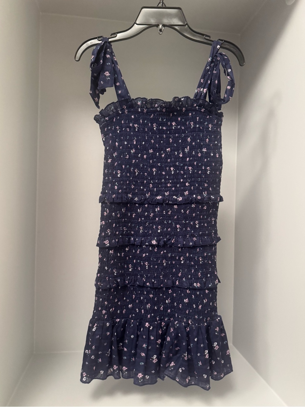 Katie J NYC Navy Blue Purple Floral Smocked Ruffle Tiered Dress Bow Ties Size XS